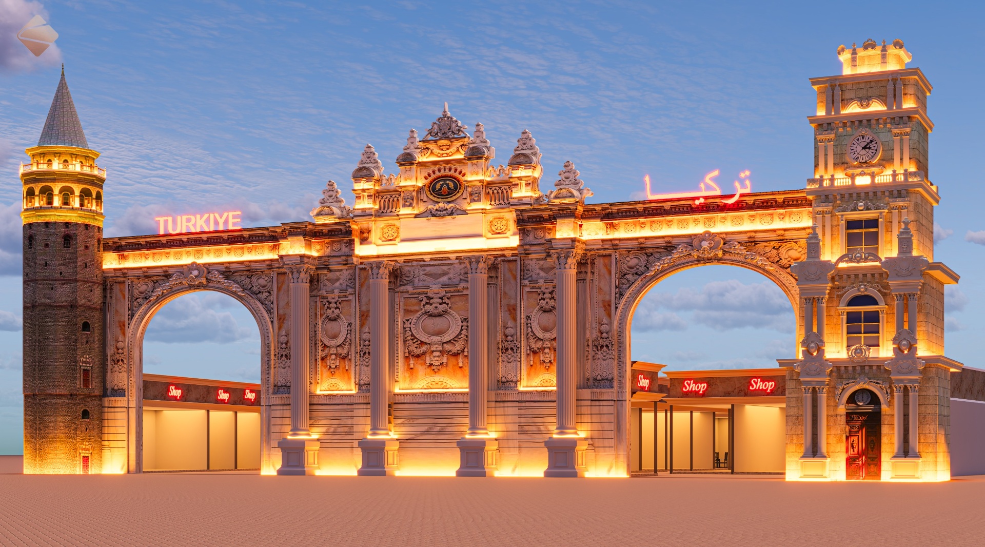 The Turkey Pavilion at Global City Dammam illuminated at twilight, with its grand TÜRKİYE archway